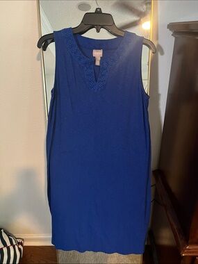 Chico's Royal Blue Sleeveless Embroidered Notch Neck Tank